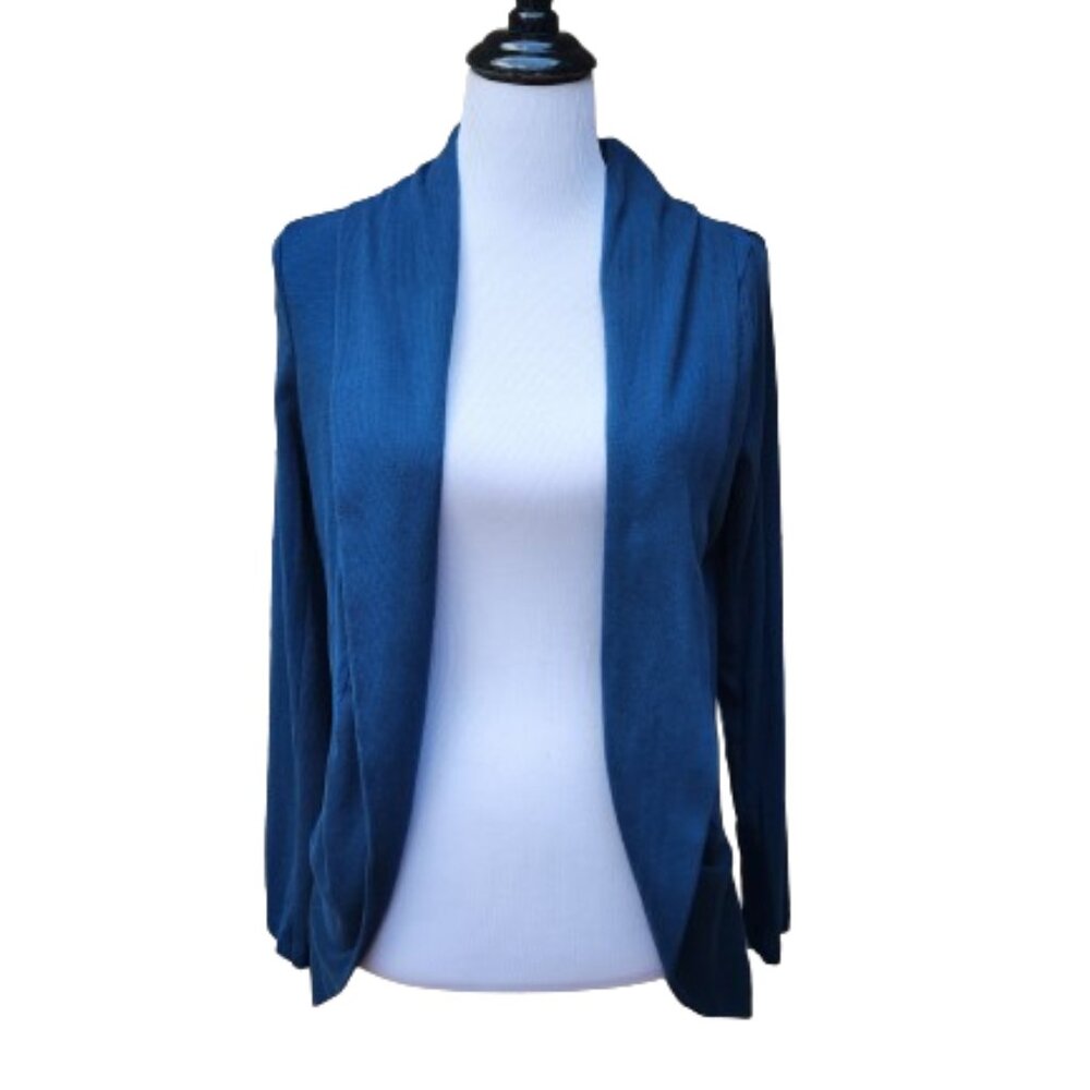 Express Blue Cardigan Sweater Open Front Rib-Knit Trim Cotton Blend Solid